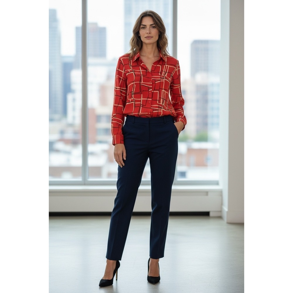 JENNIFER L LOYD Womens Red Graphic Print‎ Long Sleeve Button Up Shirt Top Size L